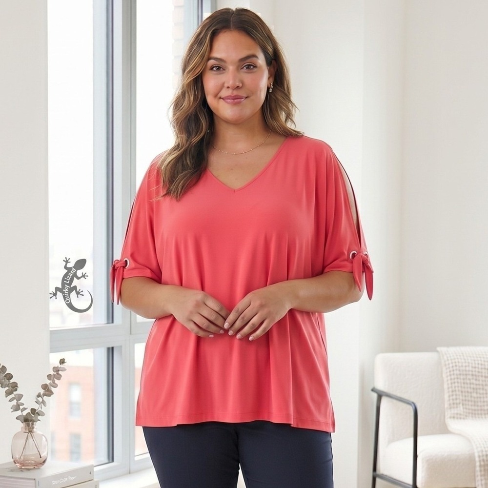 Catherines V Neck Top 2X Pink Cold Shoulder‎ Grommet Tie Sleeve Relaxed Blouse
